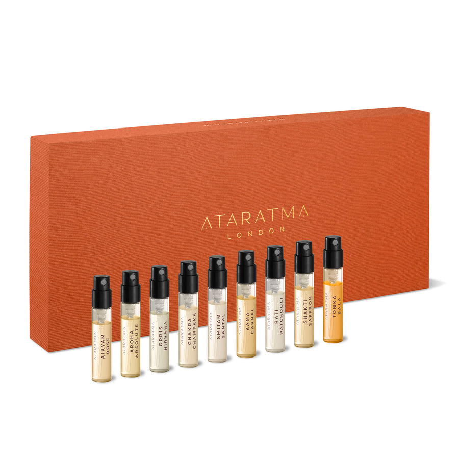 Ataratma Discovery sample set with 9 2ml perfume vials outside the presentation box.