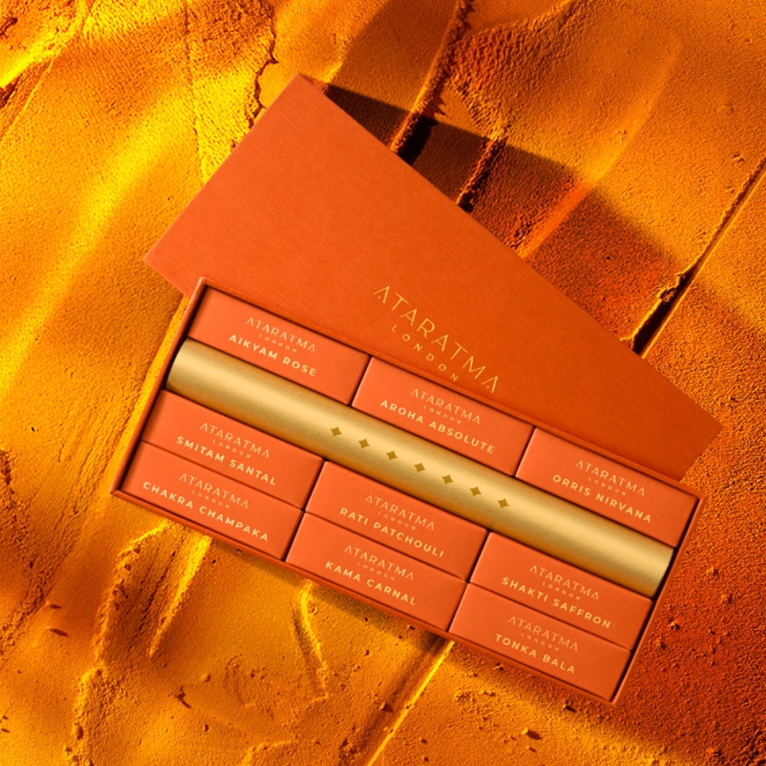 Gift Discovery Perfume Sample Set on yellow-orange background